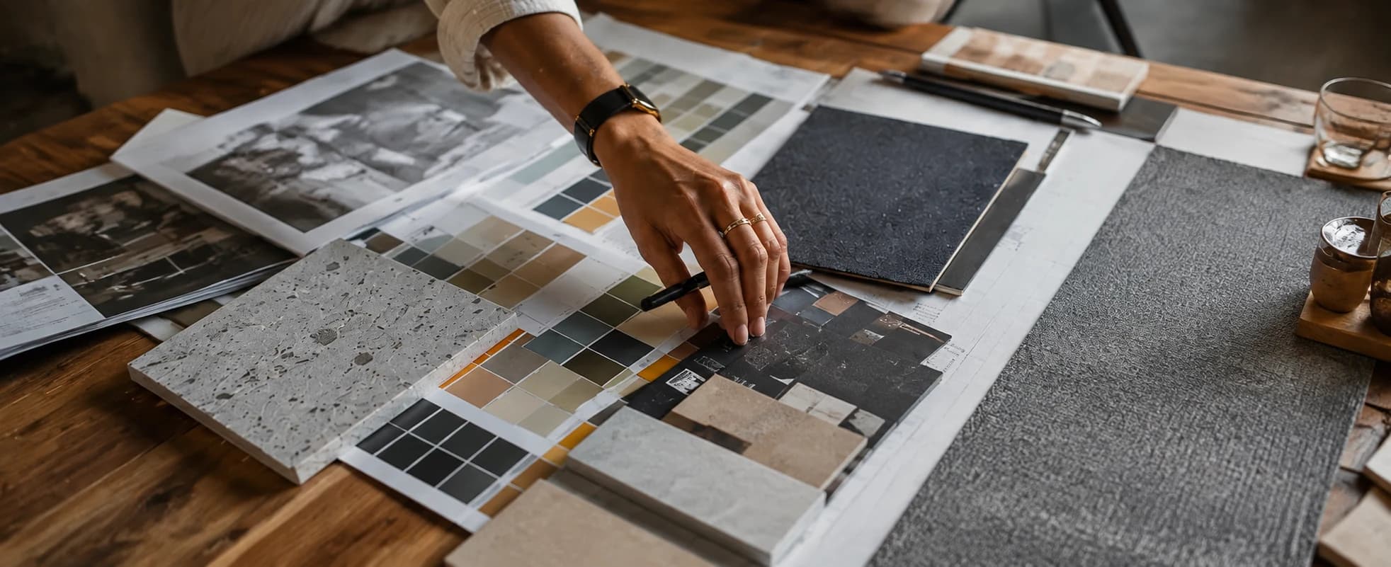 Illustrative close-up of a designer choosing materials and colours for a project