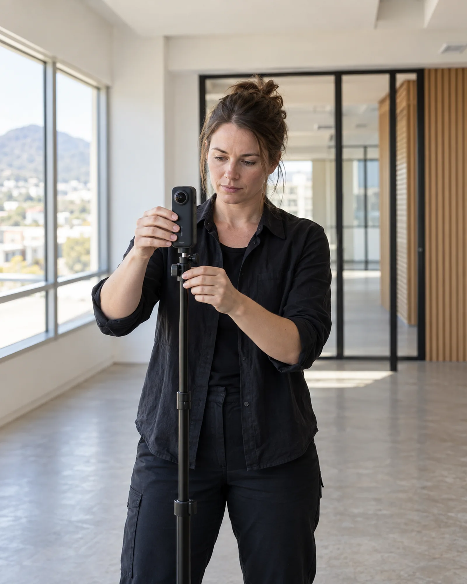 A 360-capture specialist setting up a camera on a tripod in an empty office