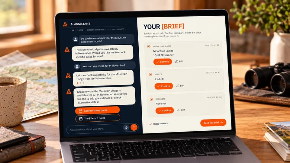 Illustration: A laptop displaying an AI customer assistant and a structured service brief.