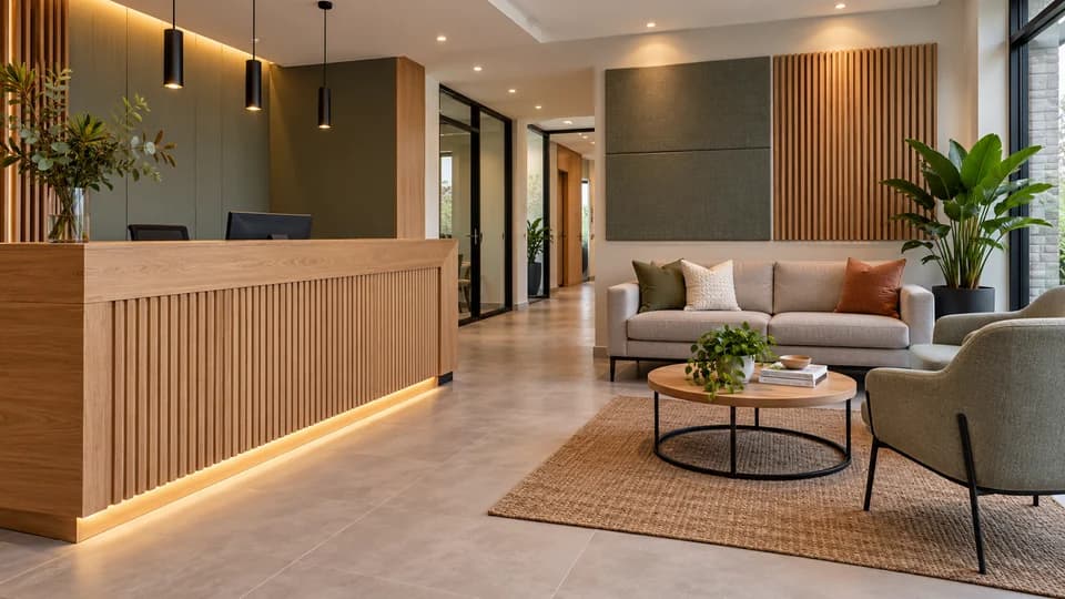 Illustration: A reception area with an oak counter, waiting seats and acoustic wall panels.