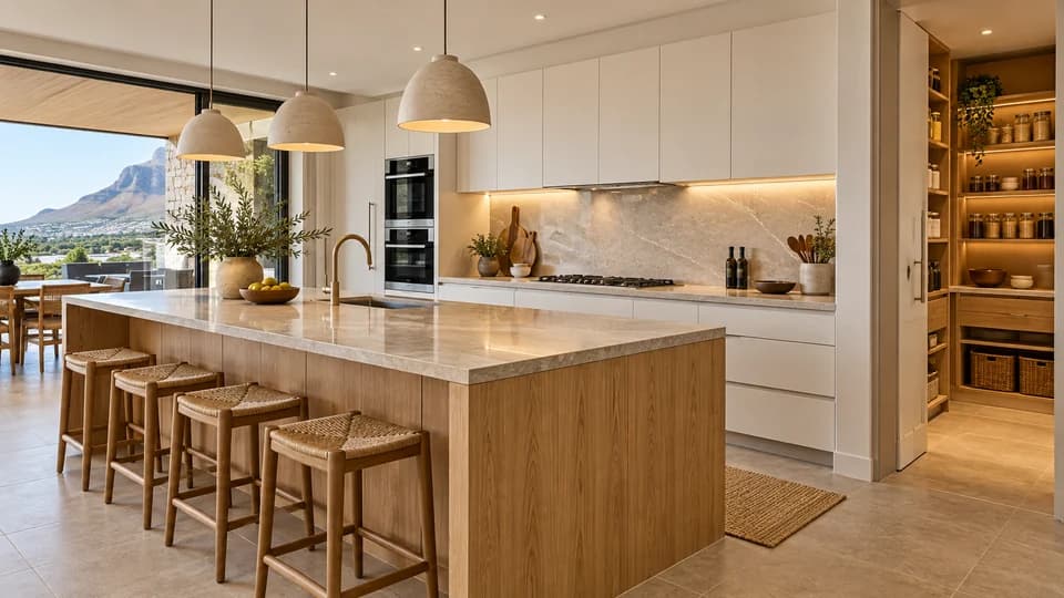 Illustration: A fitted kitchen with an oak island, integrated appliances and stone worktops.