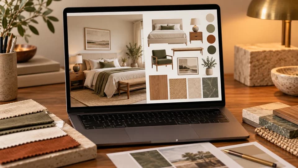 Illustration: A laptop displaying a bedroom concept with furniture selections, colours and physical swatches.