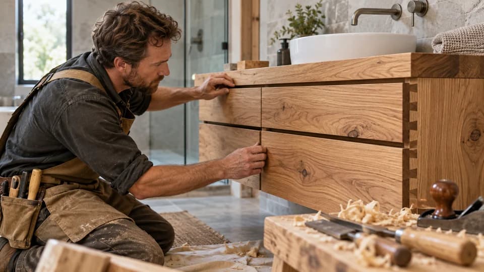 Illustration: A joiner fitting drawers in a solid timber vanity with hand tools nearby.