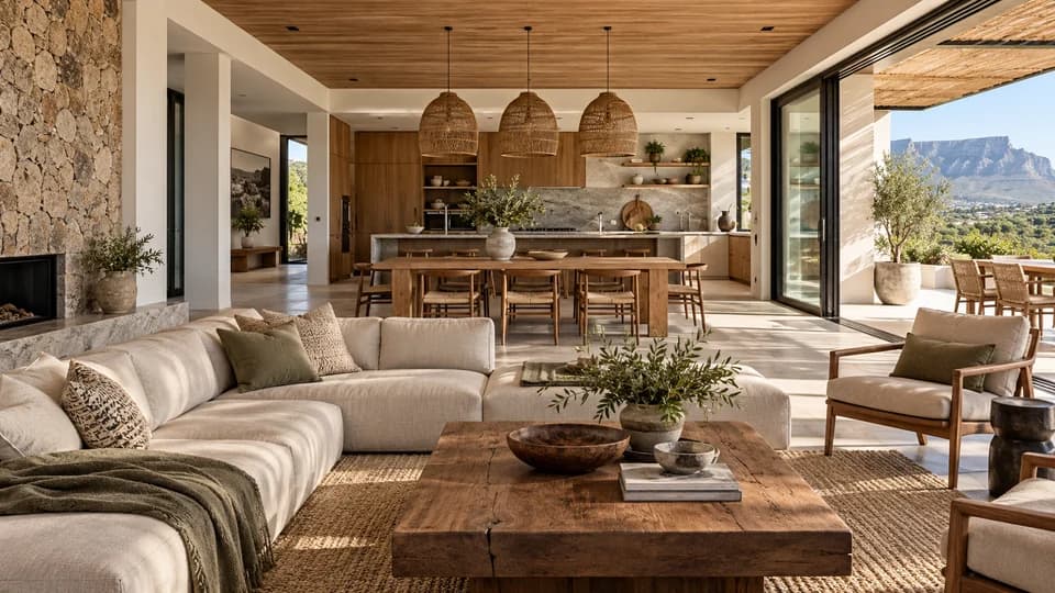 Illustration: A coordinated living room, dining space and kitchen with timber, stone and linen finishes.