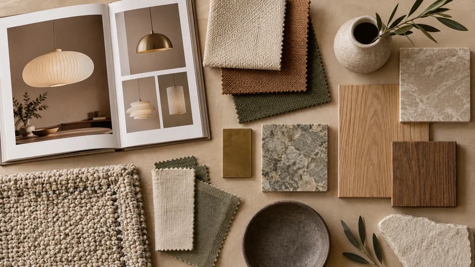 Illustration: Interior sourcing selections with fabric swatches, oak, stone, ceramics and a lighting catalogue.