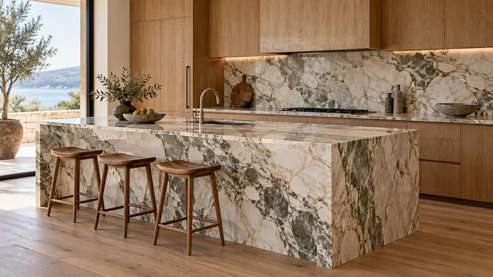 Illustration: A veined marble island and worktop with polished edges in an oak kitchen.