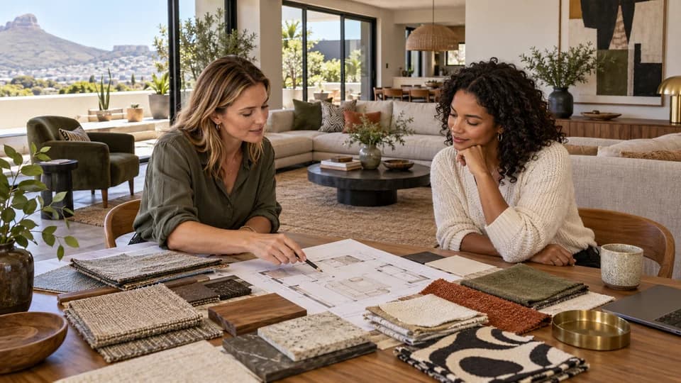 Illustration: A designer and homeowner discussing floor plans and fabric samples in a living room.