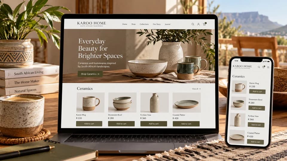 Illustration: A fictional homeware online shop with ceramic products and add-to-cart controls on laptop and phone.