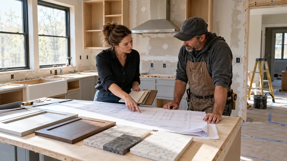 Illustration: A designer and contractor reviewing kitchen drawings and material samples during a renovation.