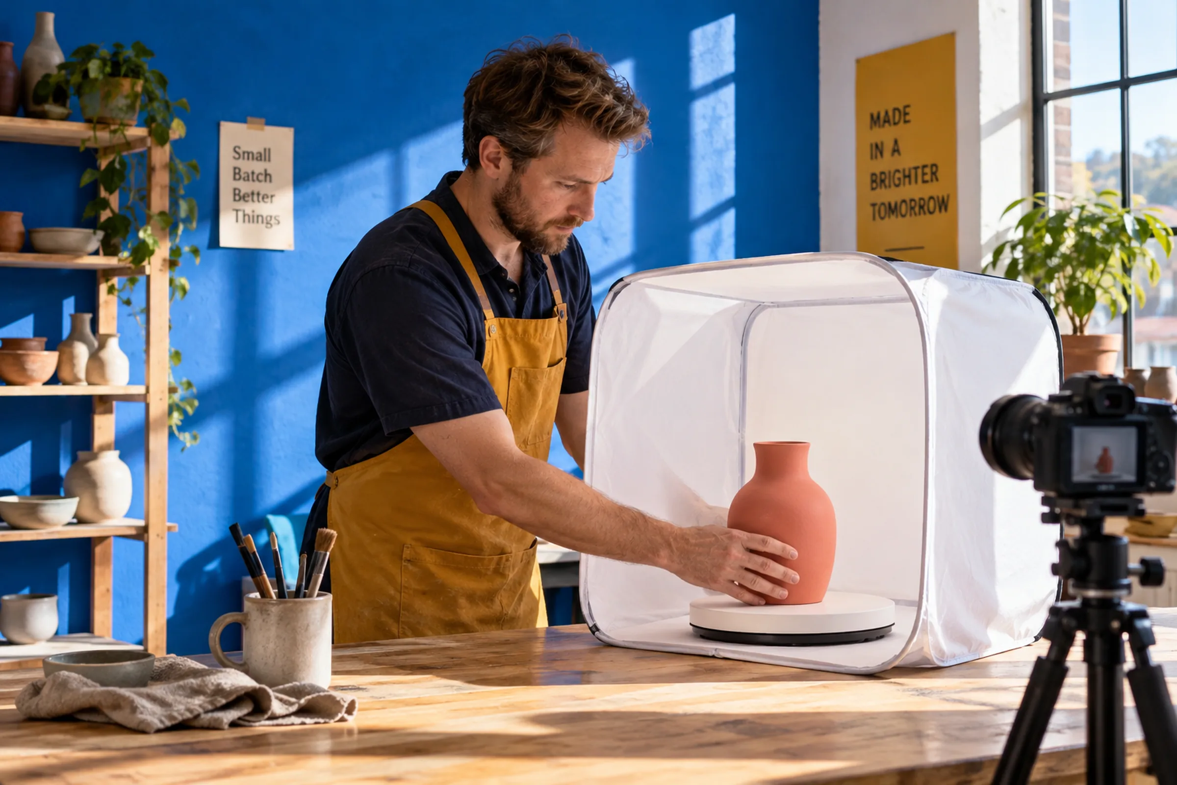 A maker positioning a ceramic vase in a light tent in a blue studio
