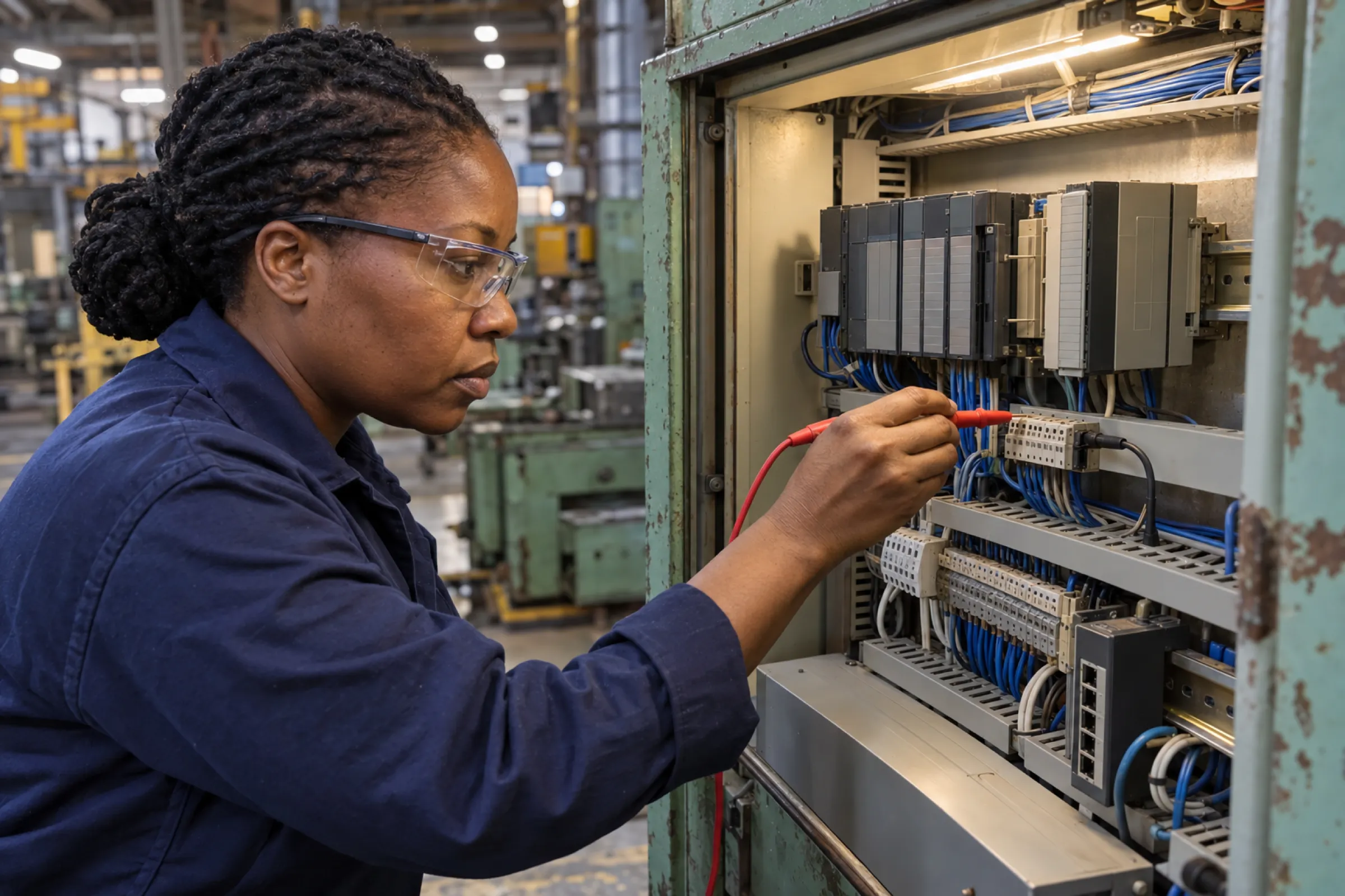 A technician testing wiring in an ageing PLC control cabinet on a factory floor