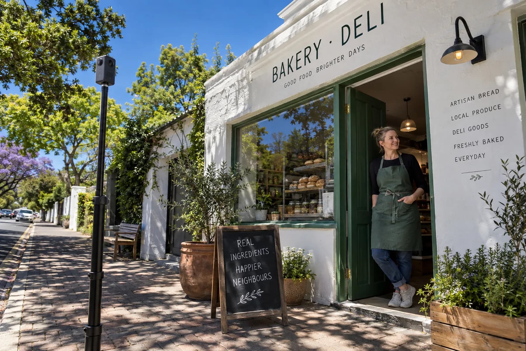A bakery owner in a leafy shop doorway beside a pole-mounted 360 camera