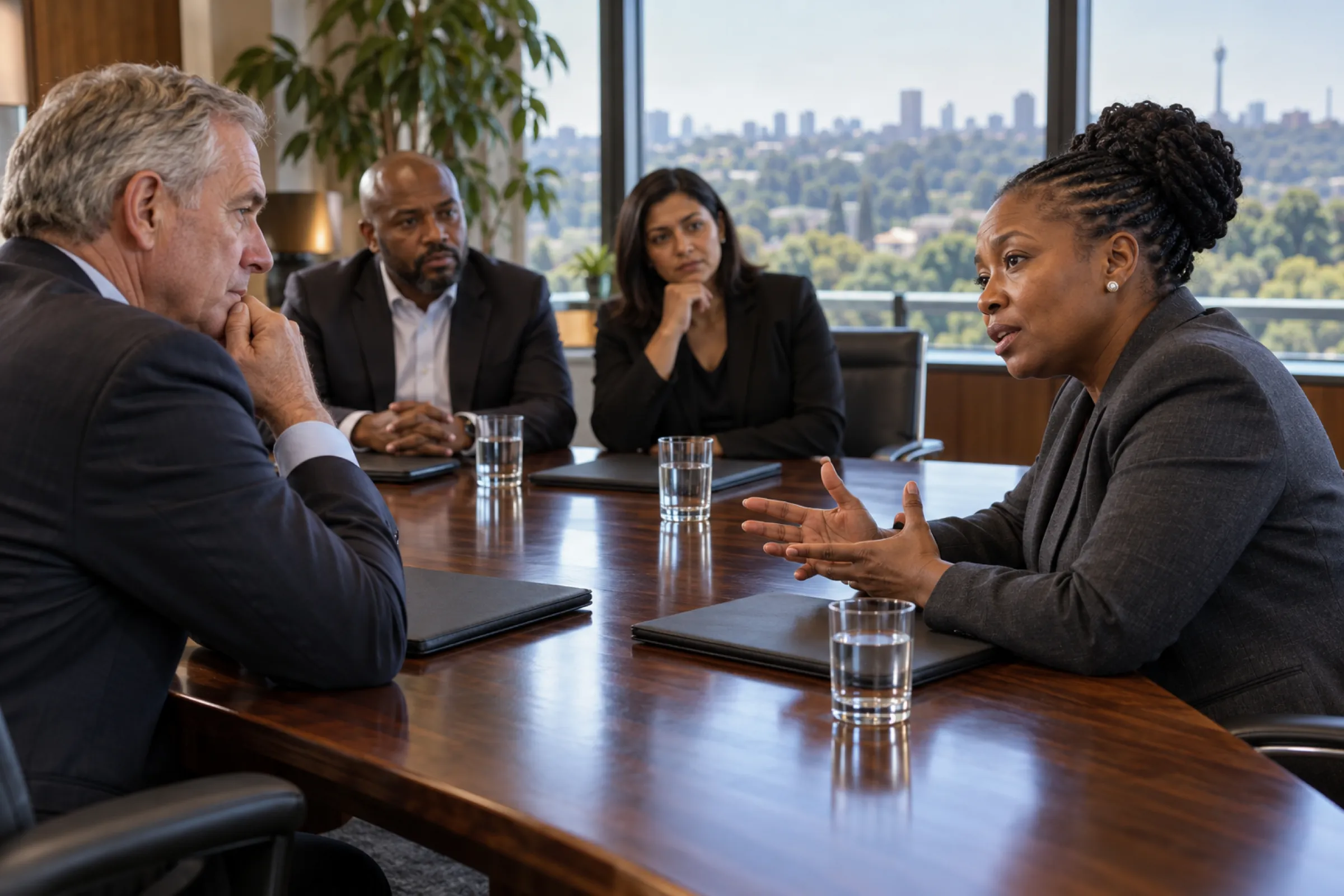 An adviser talking a leadership team through risks around a boardroom table