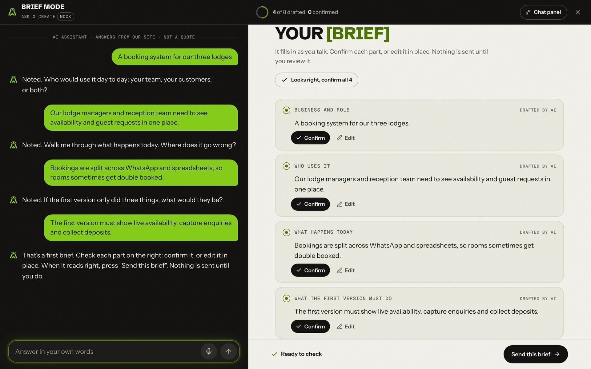 x Create assistant turning a mock conversation into structured brief fields.